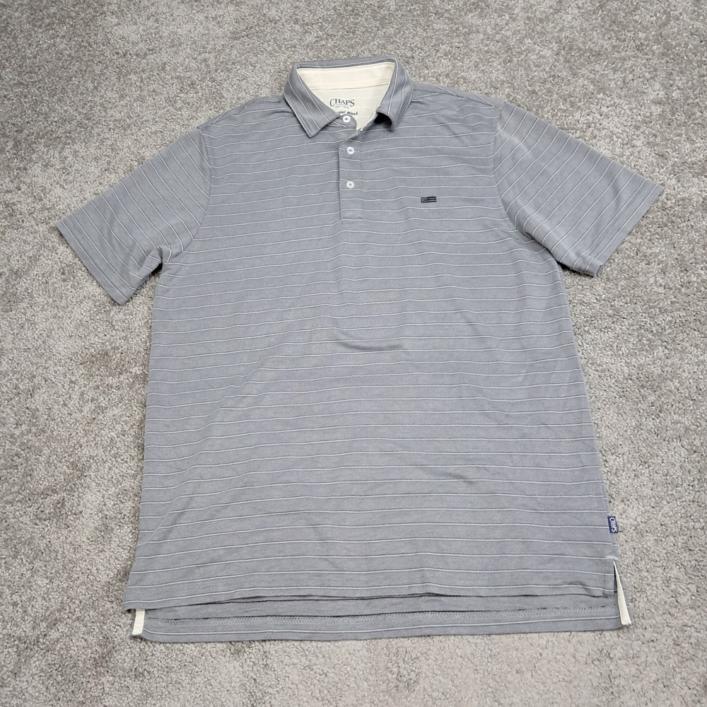 Chaps Seacoast Wash Mens Large Grey Striped Short Sleeve Polo Shirt 7981